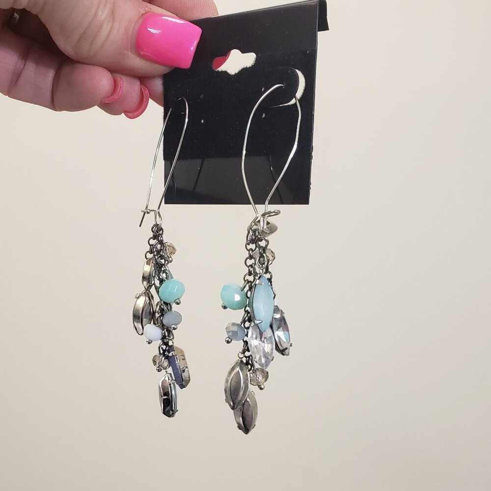 Silver tone, purple, aquamarine, clear crystal rhinestone dangle pierced earring